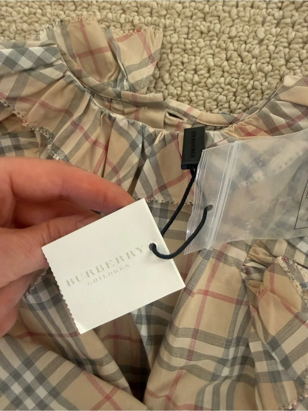 Burberry Beige Plaid Ruffle Neck Baby Set